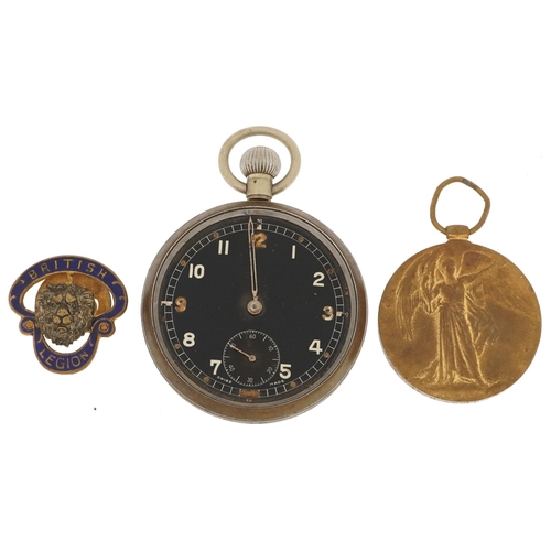 1226 - British military World War I Victory medal, military issue pocket watch and British Legion lapel, th... 