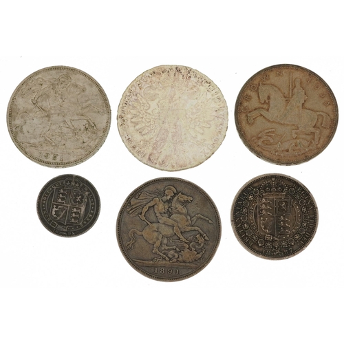 704 - Antique and later British and world coinage including 1891 crown, 1935 Rocking Horse crown and 1887 ... 