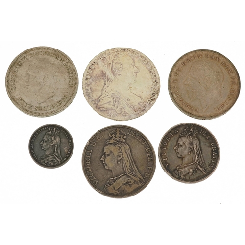 704 - Antique and later British and world coinage including 1891 crown, 1935 Rocking Horse crown and 1887 ... 