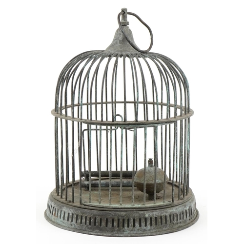 283 - Antique verdigris bronzed metal hanging bird cage, 31.5cm high