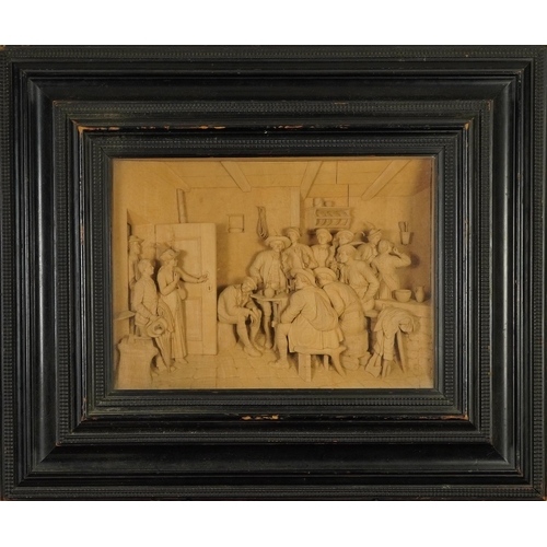 266 - 19th century cork diorama deeply and finely carved with a tavern scene, housed in an glazed ebonised... 