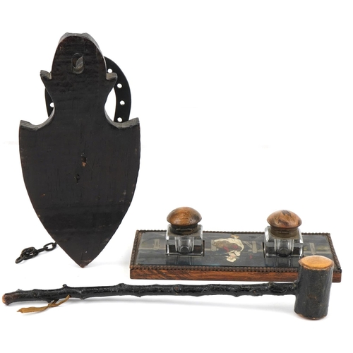 337 - Sundry items including an Irish blackhorn shillelagh and desk stand with pair of glass inkwells, the... 