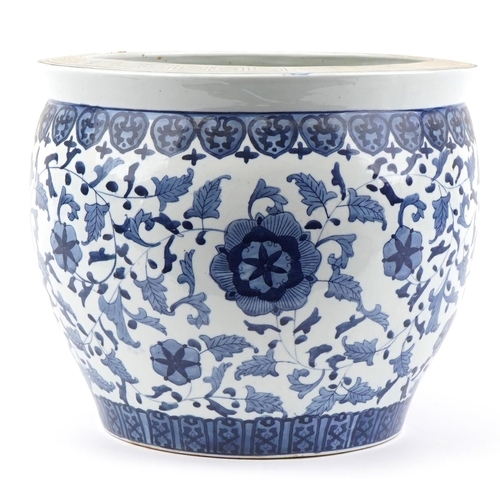 215 - Chinese blue and white porcelain jardiniere decorated with flowers, 41cm in diameter