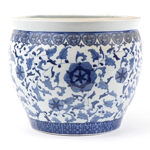 215 - Chinese blue and white porcelain jardiniere decorated with flowers, 41cm in diameter