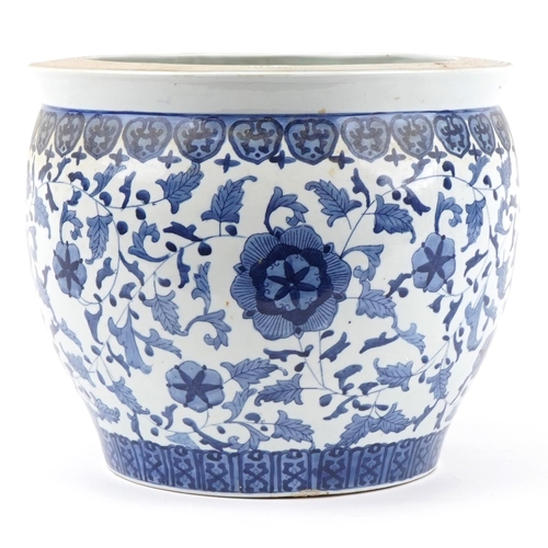 215 - Chinese blue and white porcelain jardiniere decorated with flowers, 41cm in diameter