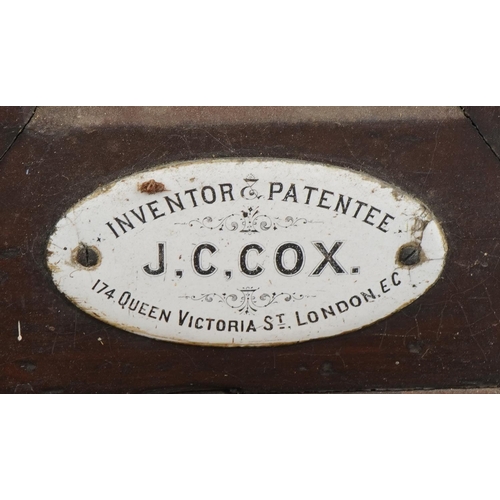 178 - Victorian mahogany stamp dispenser with J C Cox Inventor and Patentee enamelled plaque, 42.5cm x 43.... 