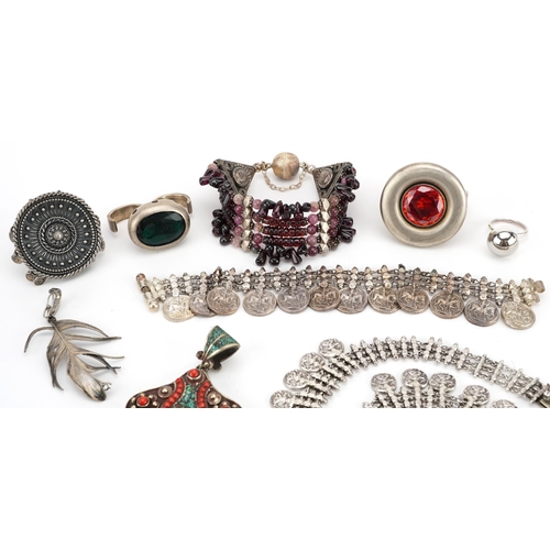 3808 - Middle Eastern silver and white metal jewellery including rings and bracelets