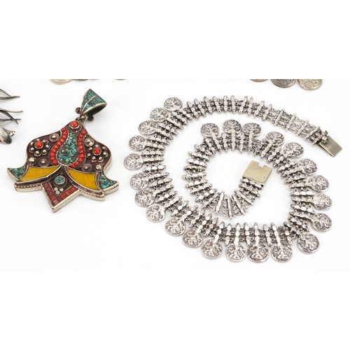 3808 - Middle Eastern silver and white metal jewellery including rings and bracelets