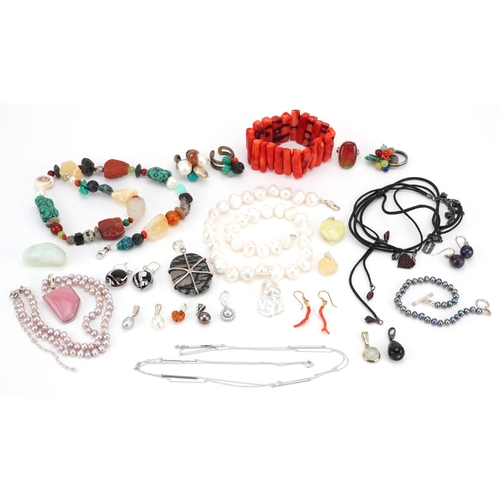 3807 - Semi precious stone jewellery, some with silver mounts, including rings, necklaces, earrings and pen... 