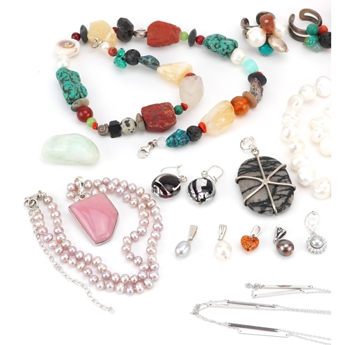 3807 - Semi precious stone jewellery, some with silver mounts, including rings, necklaces, earrings and pen... 