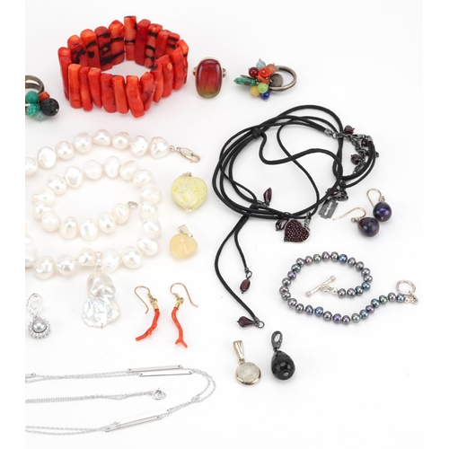 3807 - Semi precious stone jewellery, some with silver mounts, including rings, necklaces, earrings and pen... 