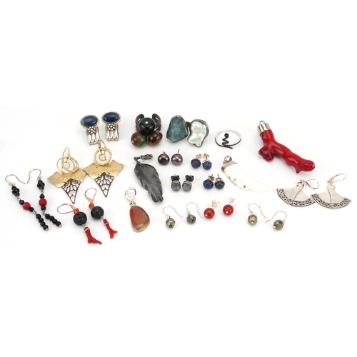 3810 - Semi precious stone jewellery, some with silver mounts, including rings, pendants and earrings