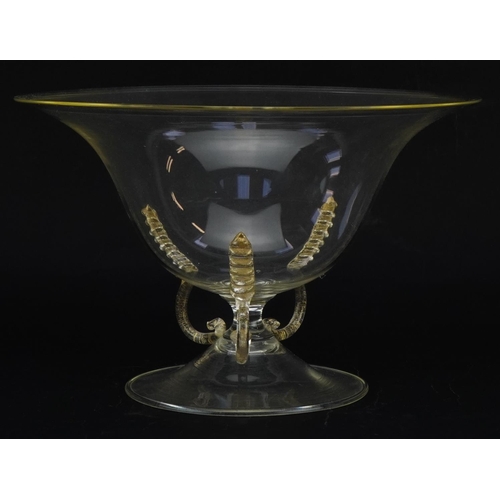 413 - Murano gold flecked pedestal centre bowl with three handles, 19cm high x 20.5cm in diameter