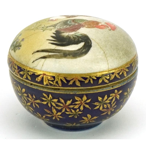 201 - Japanese Satsuma pottery box and cover hand painted with a chicken and cockerel, painted character m... 