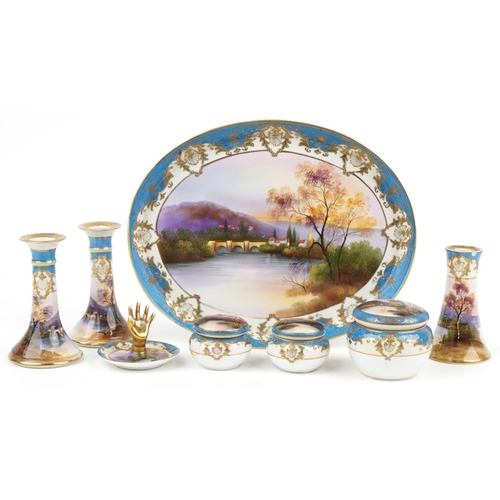 626 - Noritake, Japanese porcelain seven piece dressing table set on tray hand painted with landscapes inc... 