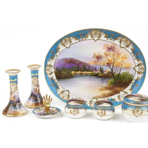 626 - Noritake, Japanese porcelain seven piece dressing table set on tray hand painted with landscapes inc... 