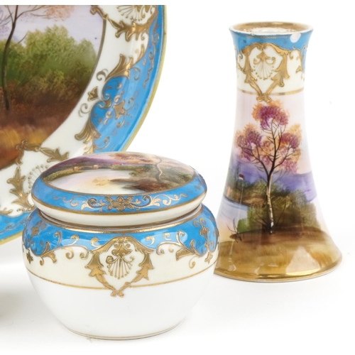 626 - Noritake, Japanese porcelain seven piece dressing table set on tray hand painted with landscapes inc... 