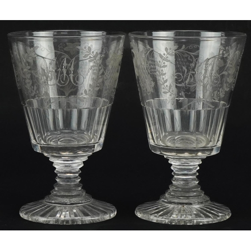 81 - Pair of 19th century cut glass goblets engraved with leaves and berries, each 14cm high