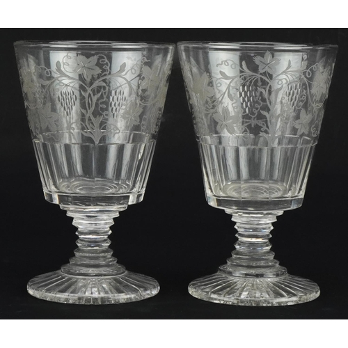 81 - Pair of 19th century cut glass goblets engraved with leaves and berries, each 14cm high