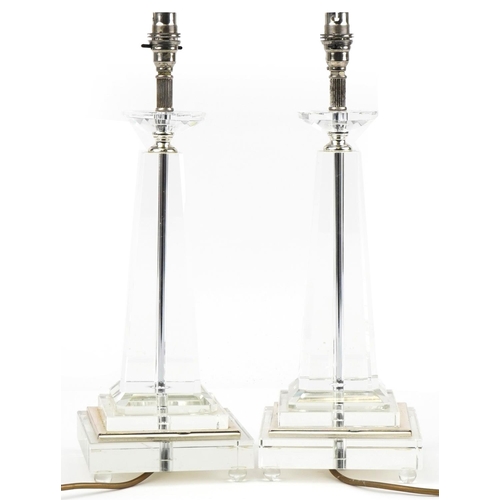 394 - Pair of heavy cut glass conical table lamps, 46cm high