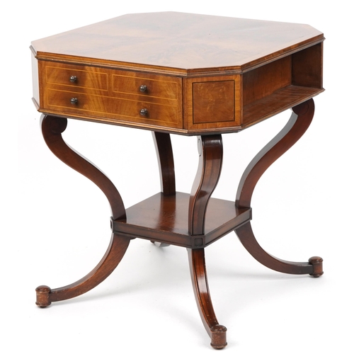 1008 - Inlaid mahogany centre table with flame veneered top canted corners, frieze drawers on S scroll legs... 