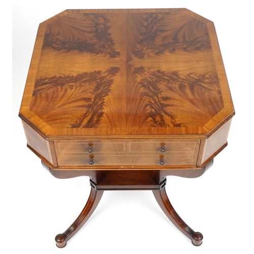 1008 - Inlaid mahogany centre table with flame veneered top canted corners, frieze drawers on S scroll legs... 