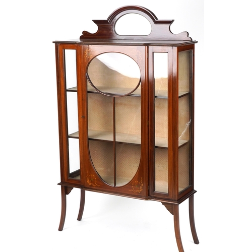 1024 - Art Nouveau inlaid mahogany display cabinet on splayed legs, 181.5cm H x 107cm W x 38cm D