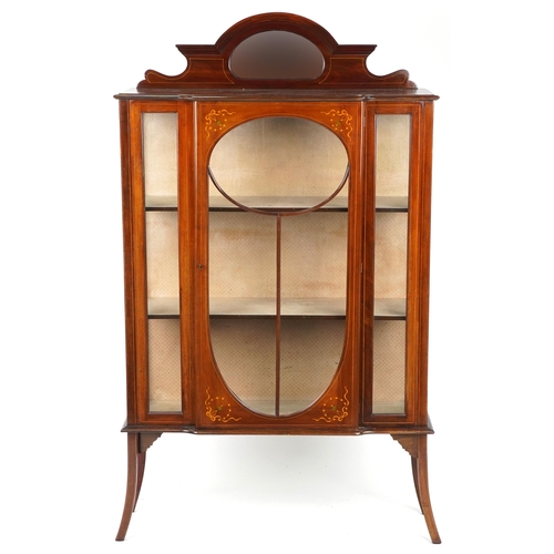 1024 - Art Nouveau inlaid mahogany display cabinet on splayed legs, 181.5cm H x 107cm W x 38cm D