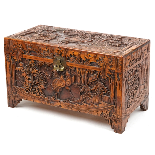 1003 - Good Chinese camphor wood trunk finely carved with cockerels amongst bamboo grove, peony blossom and... 