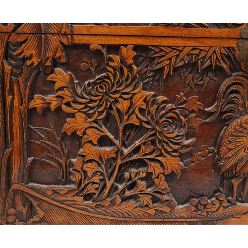 1003 - Good Chinese camphor wood trunk finely carved with cockerels amongst bamboo grove, peony blossom and... 