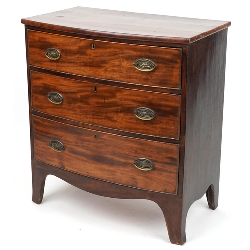 1016 - Georgian mahogany bow front three drawer chest with brass handles, 87cm H x 80cm W x 46cm D