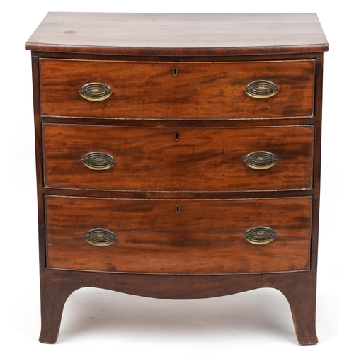 1016 - Georgian mahogany bow front three drawer chest with brass handles, 87cm H x 80cm W x 46cm D