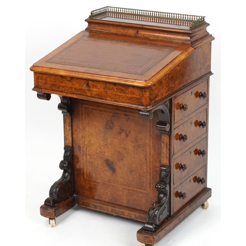 Victorian burr walnut Davenport with lift up top, tooled leather insert and four side drawers, 88cm H x 57cm W x 59cm D
