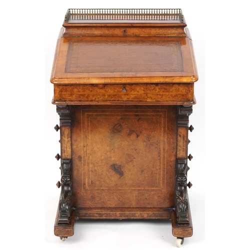 1002 - Victorian burr walnut Davenport with lift up top, tooled leather insert and four side drawers, 88cm ... 