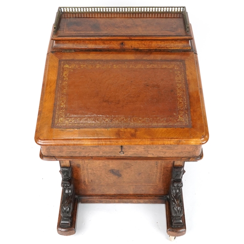 1002 - Victorian burr walnut Davenport with lift up top, tooled leather insert and four side drawers, 88cm ... 