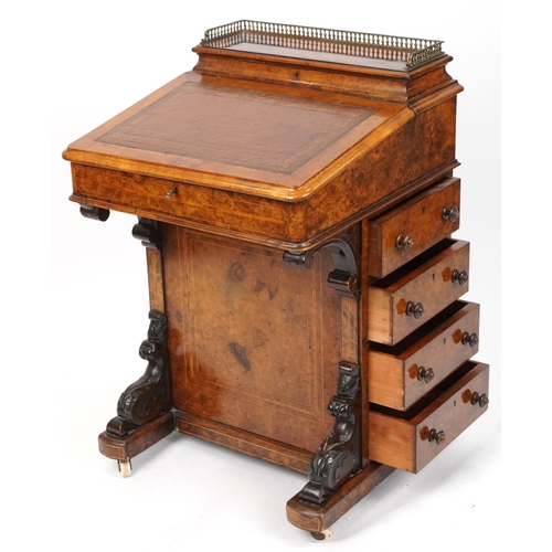 1002 - Victorian burr walnut Davenport with lift up top, tooled leather insert and four side drawers, 88cm ... 