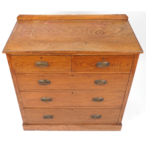 1017 - Edwardian oak five drawer chest with bronzed handles, 110cm H x 107cm x 55cm D