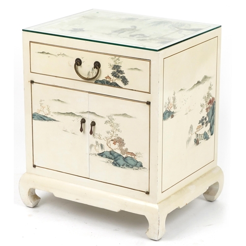 1034 - Cream lacquer nightstand with drawer above cupboard doors hand painted in the chinoiserie manner wit... 