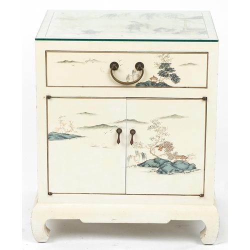 1034 - Cream lacquer nightstand with drawer above cupboard doors hand painted in the chinoiserie manner wit... 