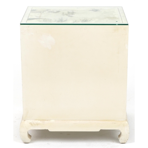 1034 - Cream lacquer nightstand with drawer above cupboard doors hand painted in the chinoiserie manner wit... 