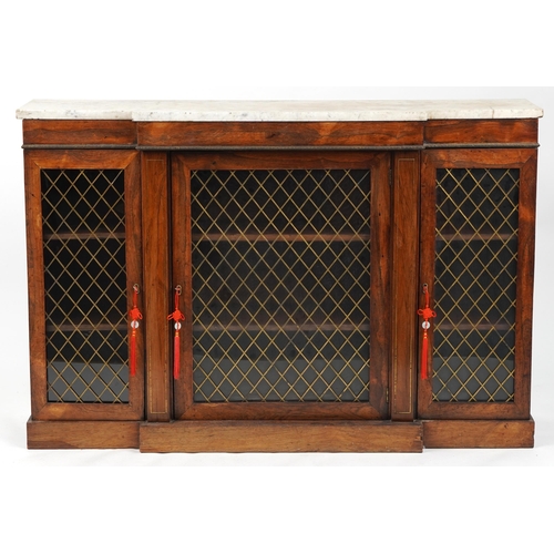 1009 - Victorian rosewood three section breakfront bookcase with marble top and brass inlay, each section e... 