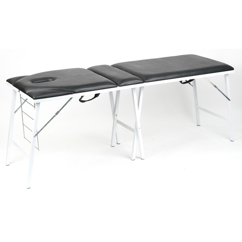 1018 - Travelling folding massage table with black leatherette upholstery, 74cm H x 185cm W x 62cm D