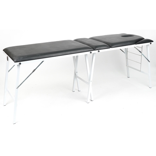 1018 - Travelling folding massage table with black leatherette upholstery, 74cm H x 185cm W x 62cm D