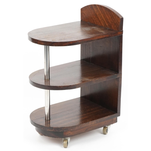 1028 - Art Deco mahogany three tier nightstand with chromed supports, 66cm H x 30cm W x 43cm D