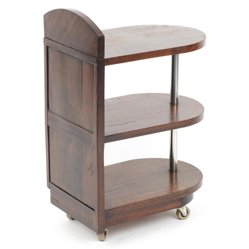 1028 - Art Deco mahogany three tier nightstand with chromed supports, 66cm H x 30cm W x 43cm D