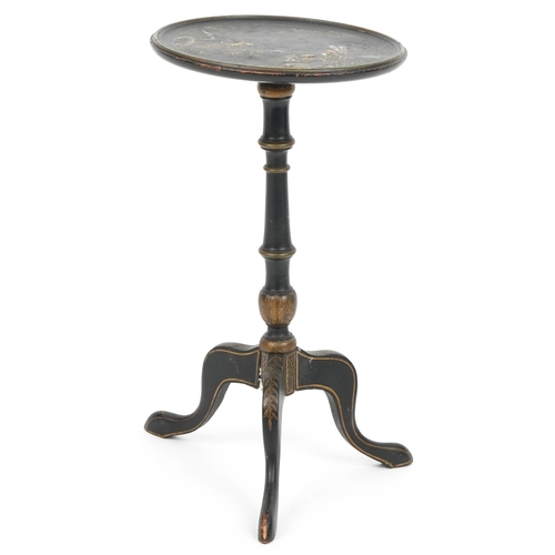 1026 - Regency style chinoiserie lacquered tripod side table hand painted with figures beside water, 55.5cm... 