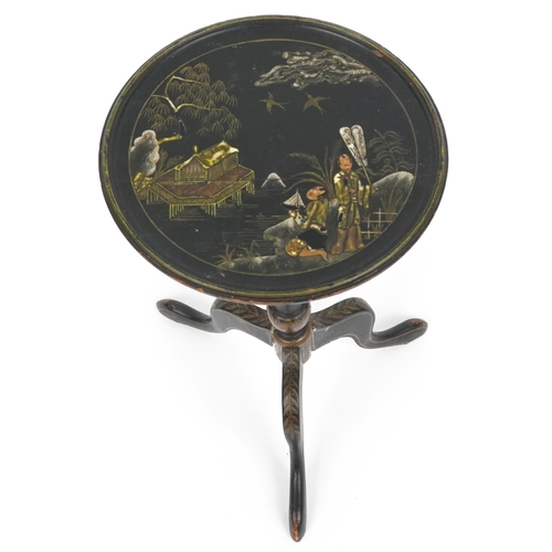 1026 - Regency style chinoiserie lacquered tripod side table hand painted with figures beside water, 55.5cm... 