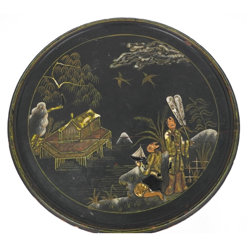 1026 - Regency style chinoiserie lacquered tripod side table hand painted with figures beside water, 55.5cm... 