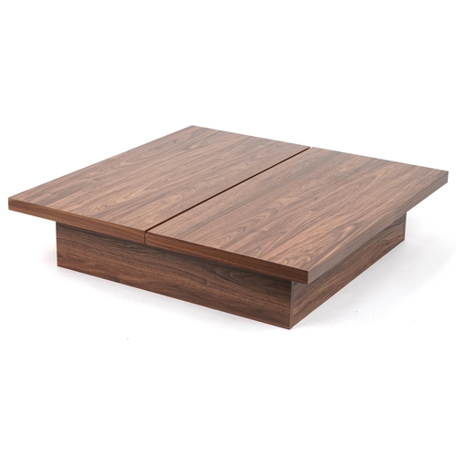 1031 - Mid century style beech effect square coffee table with internal storage, 24cm high x 105.5cm square