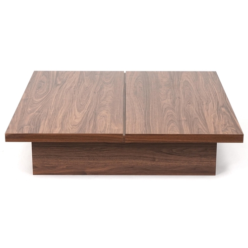 1031 - Mid century style beech effect square coffee table with internal storage, 24cm high x 105.5cm square